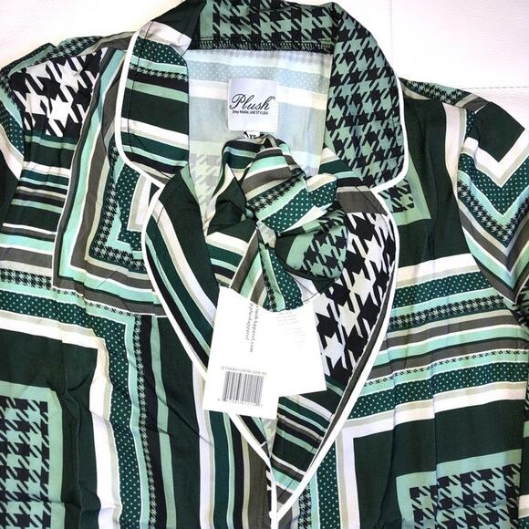 Plush Revolve green patchwork Silky Scrunchie pajama set NEW sz XS - Picture 4 of 12